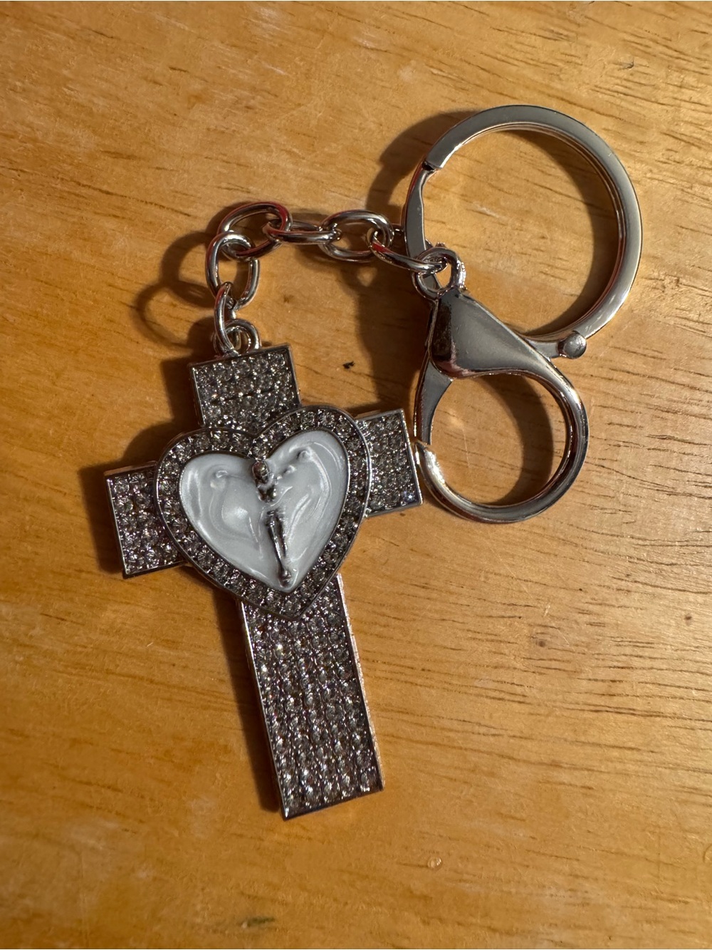 Silver Tone Rhinestone Enameled Heart Cross Keychain